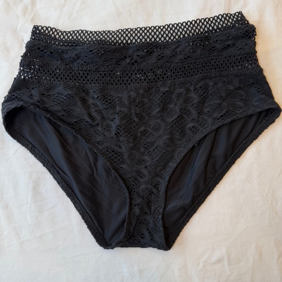 Becca Crochet High‎ Waist Bikini Bottoms Swimwear Lined Black - Picture 1 of 8